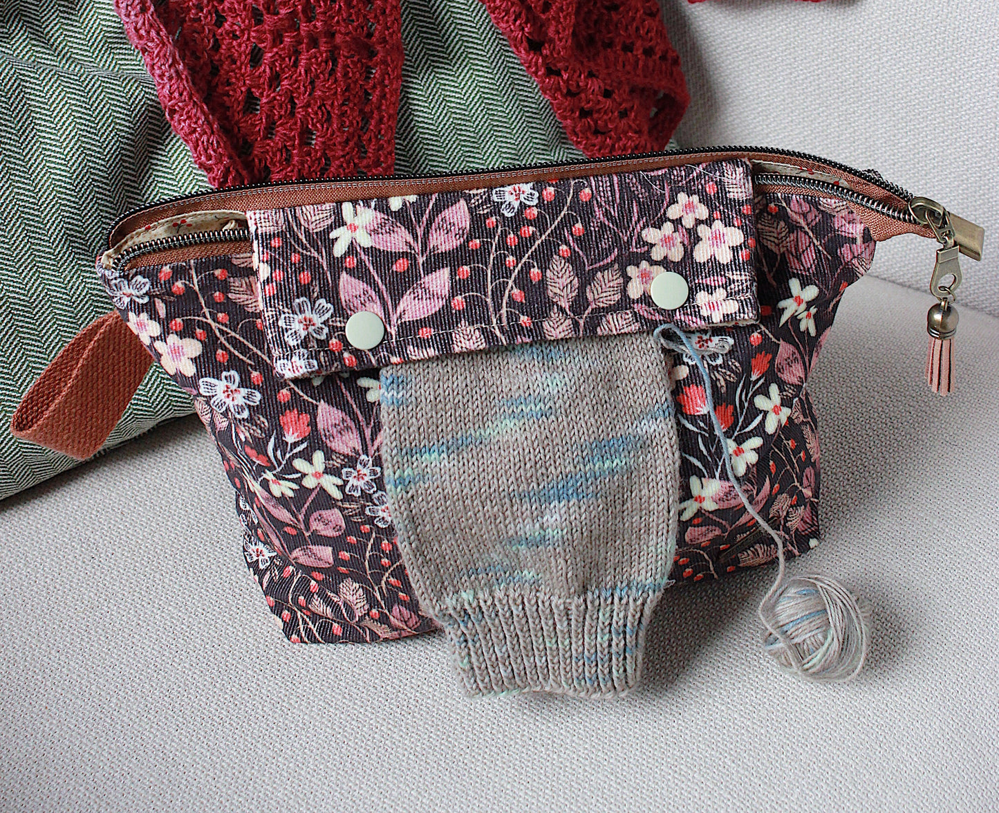 Autumnal Floral Needlecord Knitting Project Bag with Built-in Needle Holder