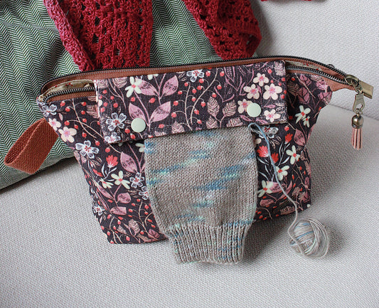 Autumnal Floral Needlecord Knitting Project Bag with Built-in Needle Holder