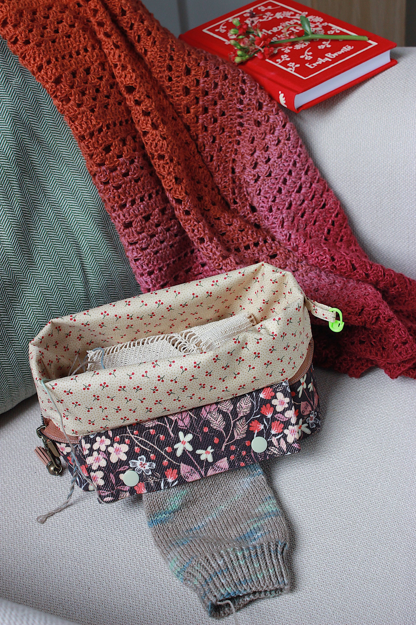 Autumnal Floral Needlecord Knitting Project Bag with Built-in Needle Holder