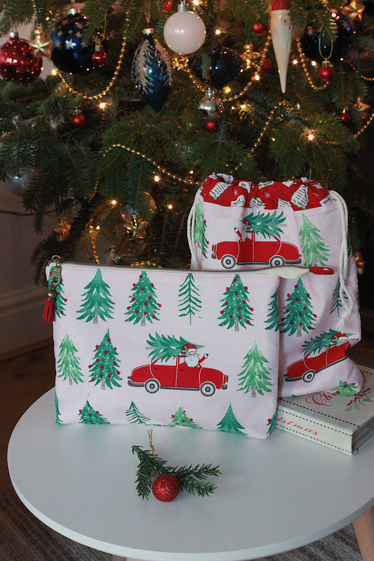 Christmas Knitting Project Bag & Notions Pouch - Santa in Red Car, Pink & GreenFestive Trees
