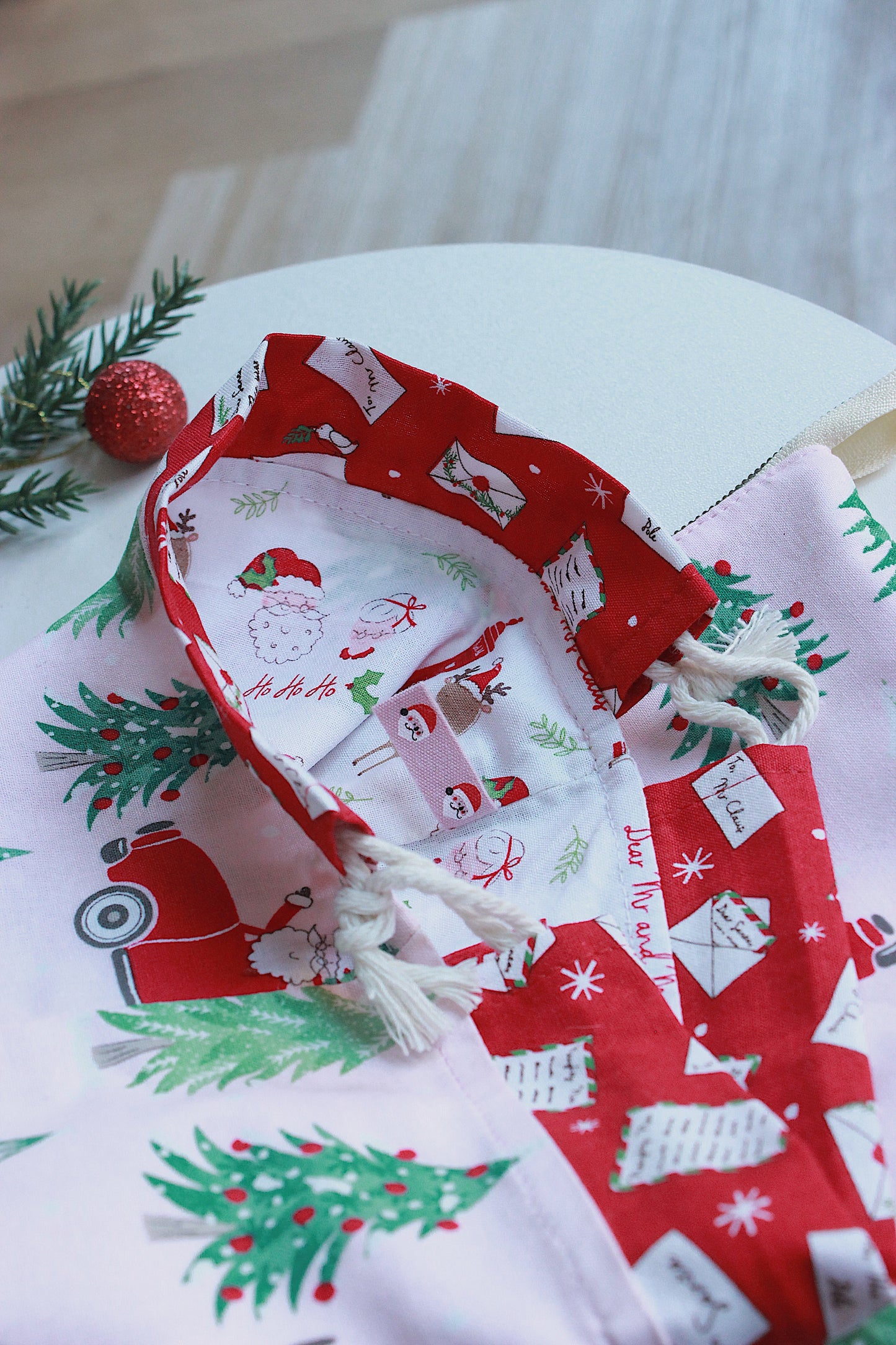 Christmas Knitting Project Bag & Notions Pouch - Santa in Red Car, Pink & GreenFestive Trees