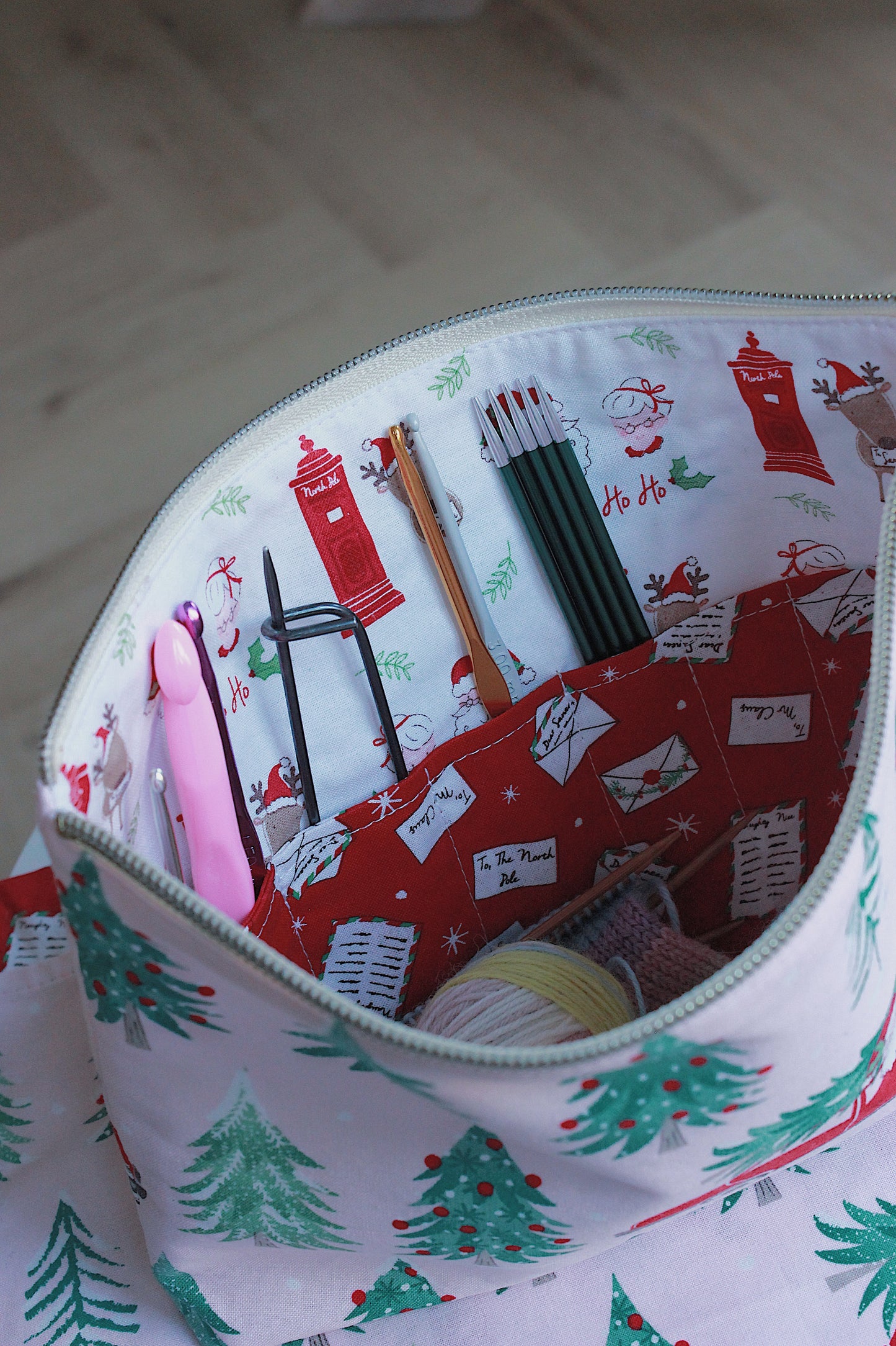 Christmas Knitting Project Bag & Notions Pouch - Santa in Red Car, Pink & GreenFestive Trees