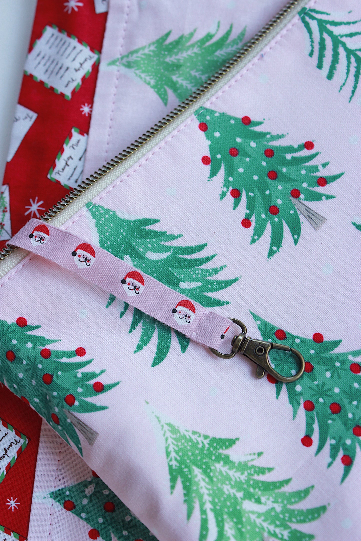 Christmas Knitting Project Bag & Notions Pouch - Santa in Red Car, Pink & GreenFestive Trees
