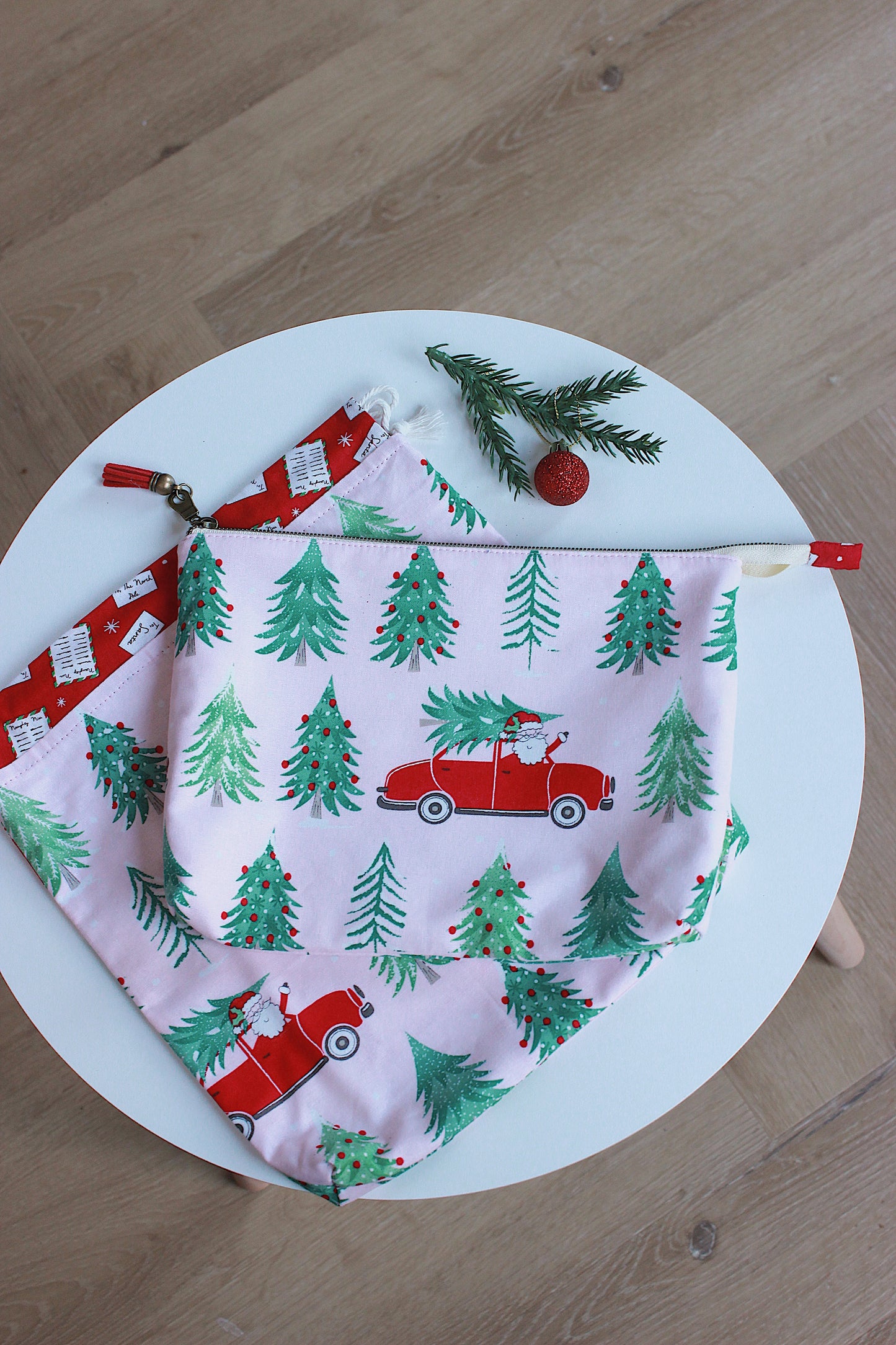 Christmas Knitting Project Bag & Notions Pouch - Santa in Red Car, Pink & GreenFestive Trees