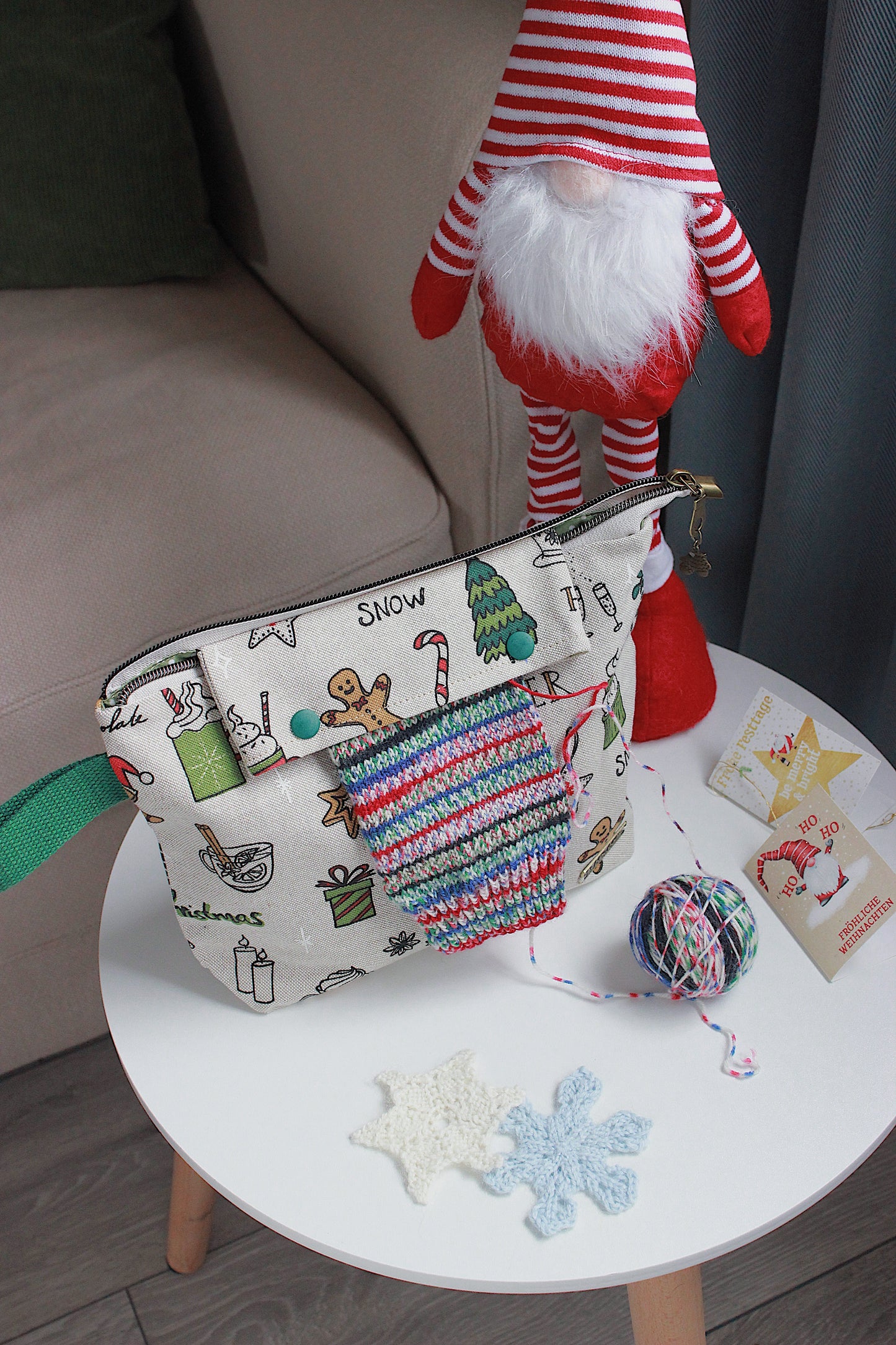 Festive Knitting Project Bag with Built-in Needle Holder | Printed Digital Canvas Fabric | Sage Dot Lining