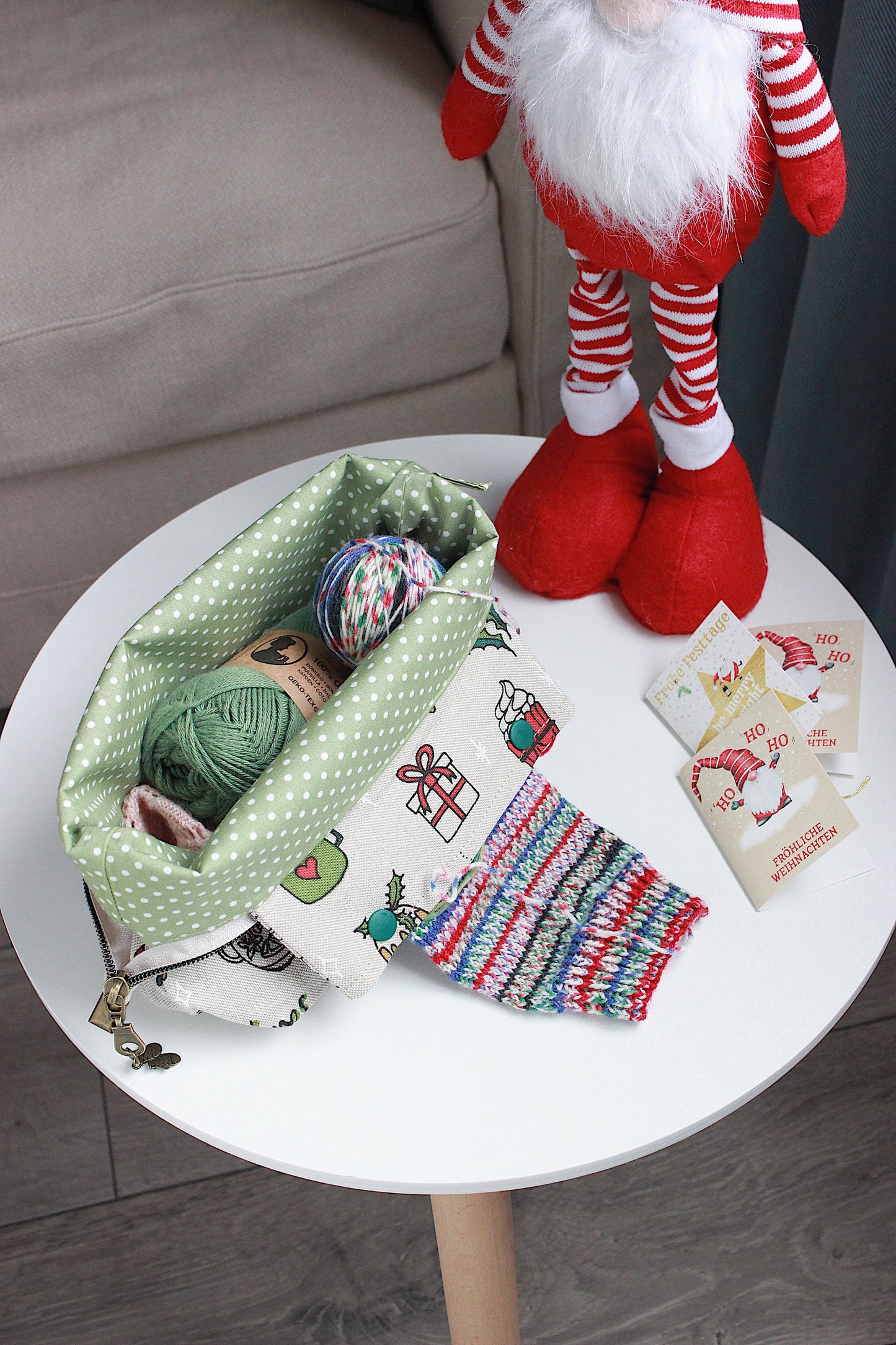 Festive Knitting Project Bag with Built-in Needle Holder | Printed Digital Canvas Fabric | Sage Dot Lining