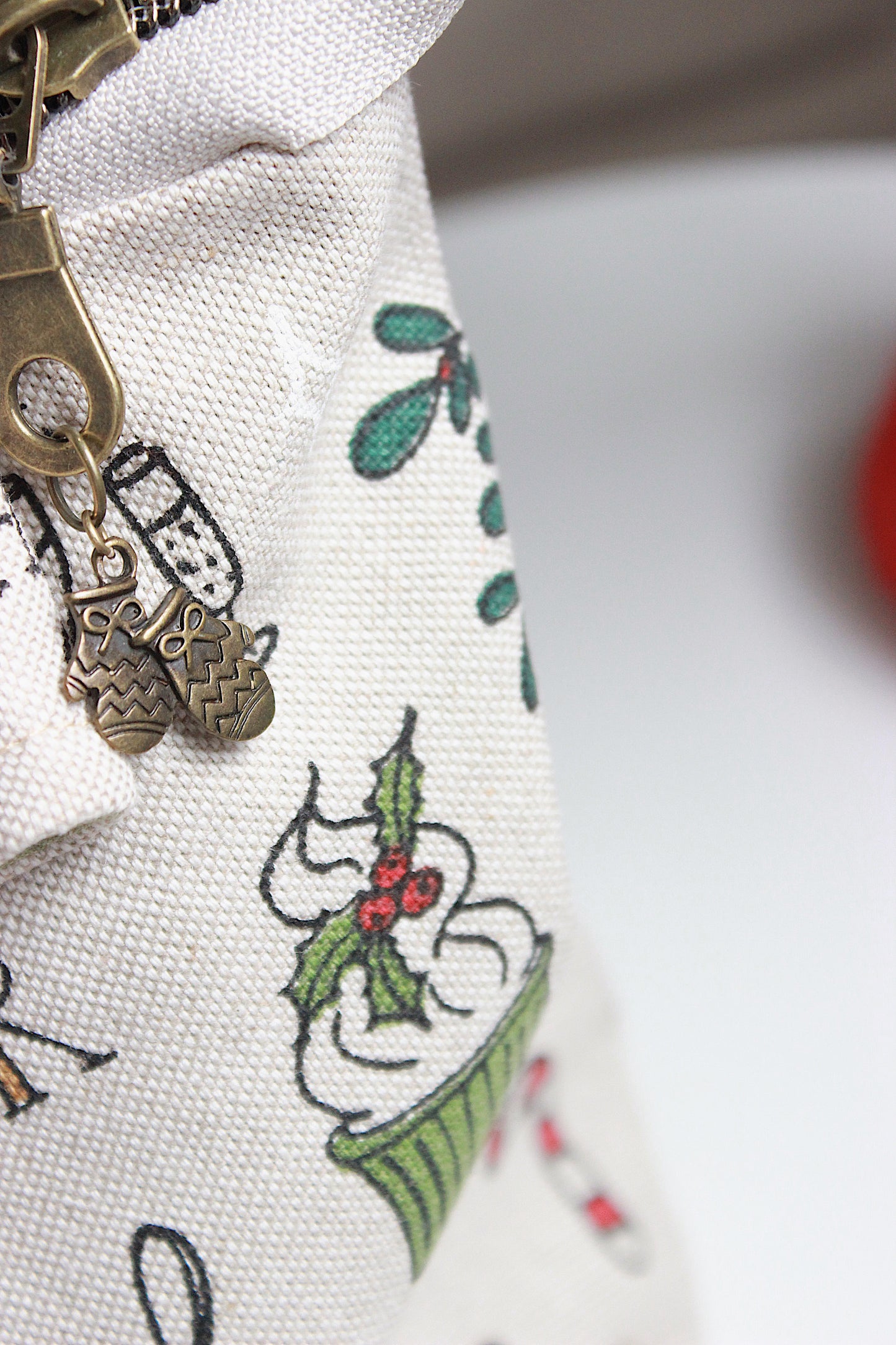 Festive Knitting Project Bag with Built-in Needle Holder | Printed Digital Canvas Fabric | Sage Dot Lining