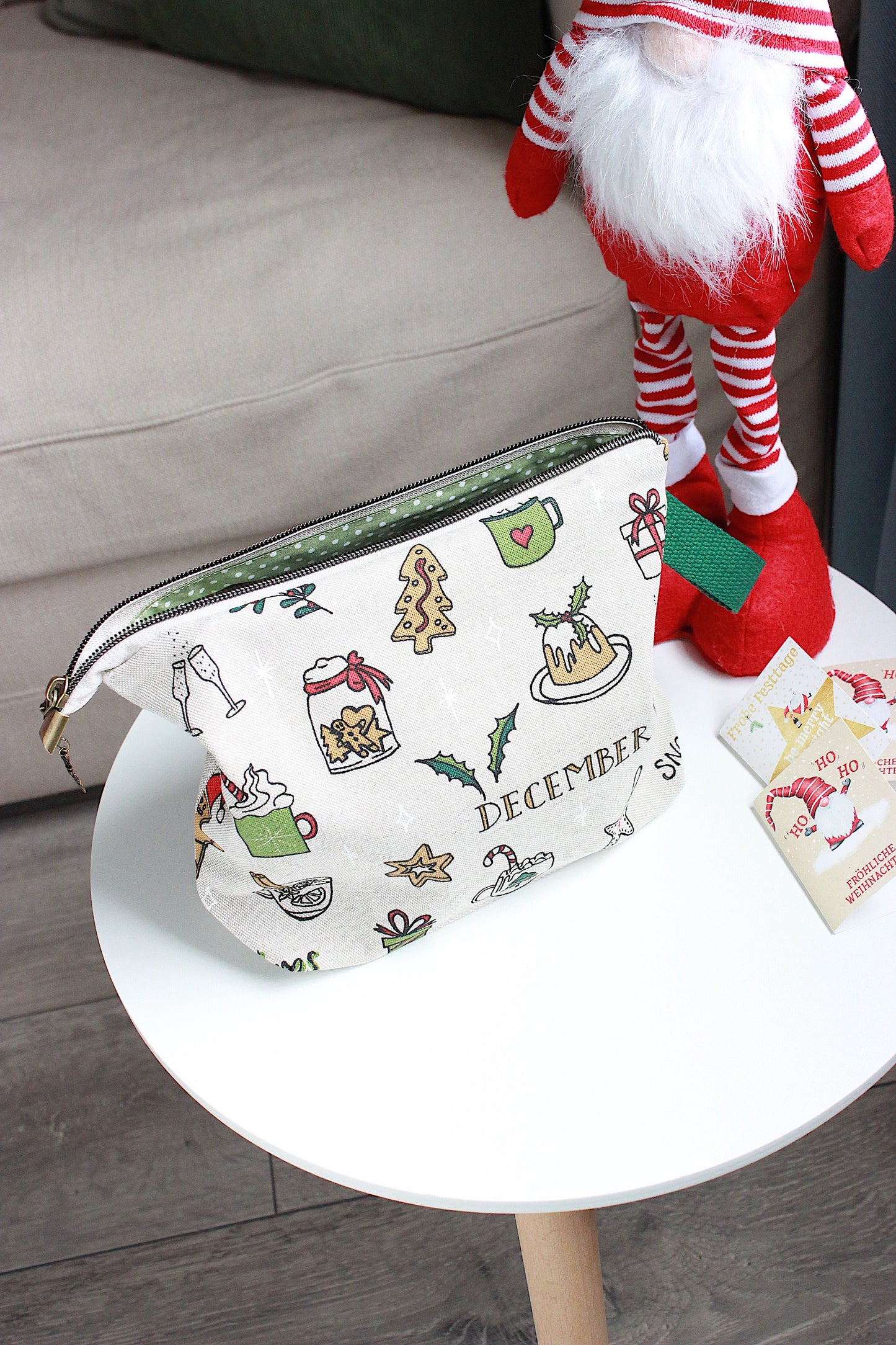 Festive Knitting Project Bag with Built-in Needle Holder | Printed Digital Canvas Fabric | Sage Dot Lining