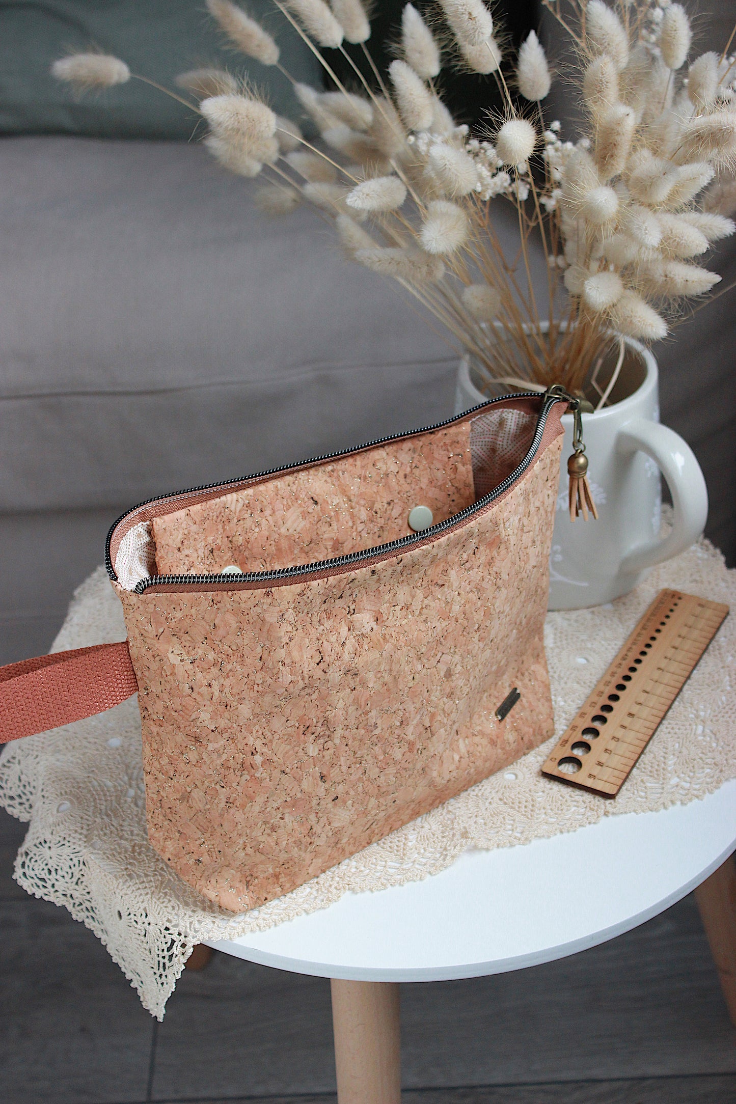 Cork Fabric Knitting Project Bag with Built-in Needle Holder