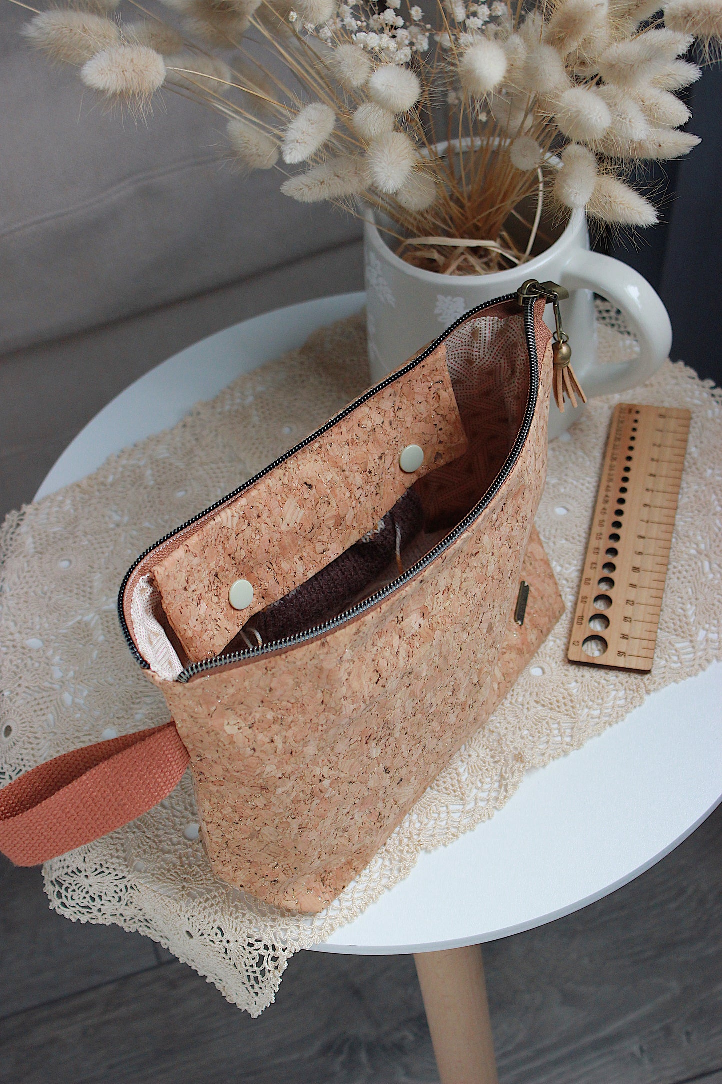 Cork Fabric Knitting Project Bag with Built-in Needle Holder