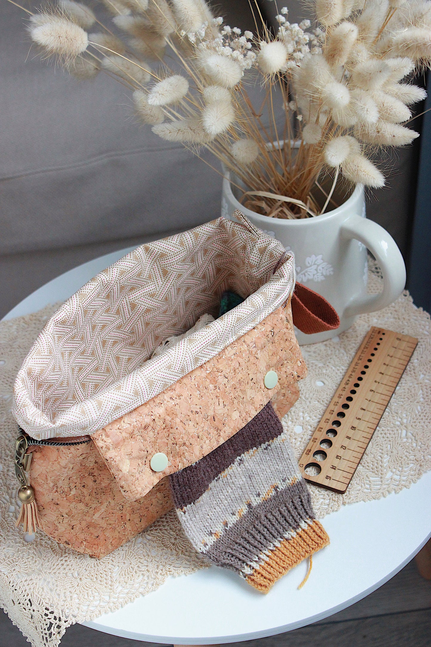 Cork Fabric Knitting Project Bag with Built-in Needle Holder