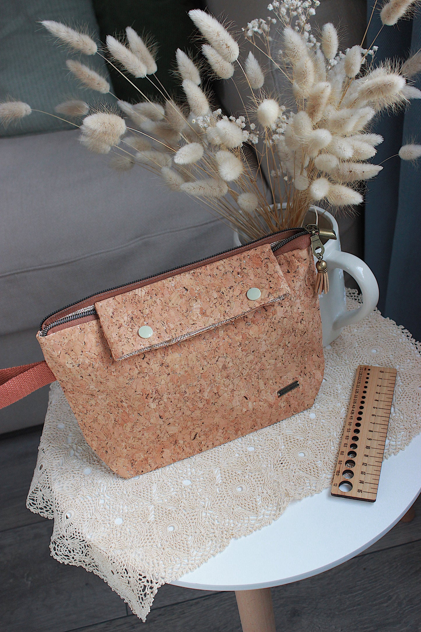 Cork Fabric Knitting Project Bag with Built-in Needle Holder