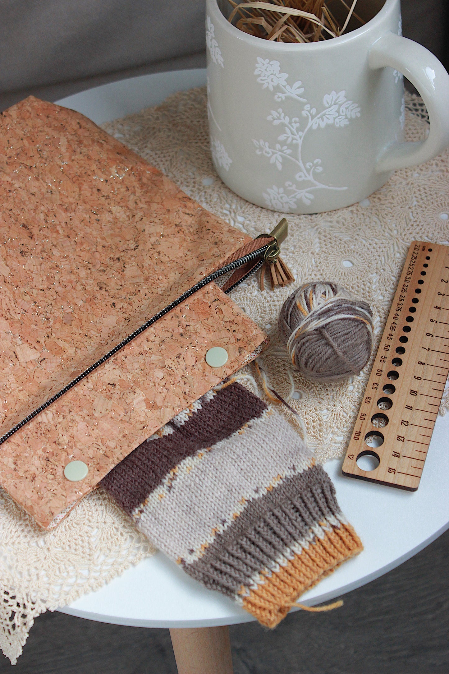 Cork Fabric Knitting Project Bag with Built-in Needle Holder