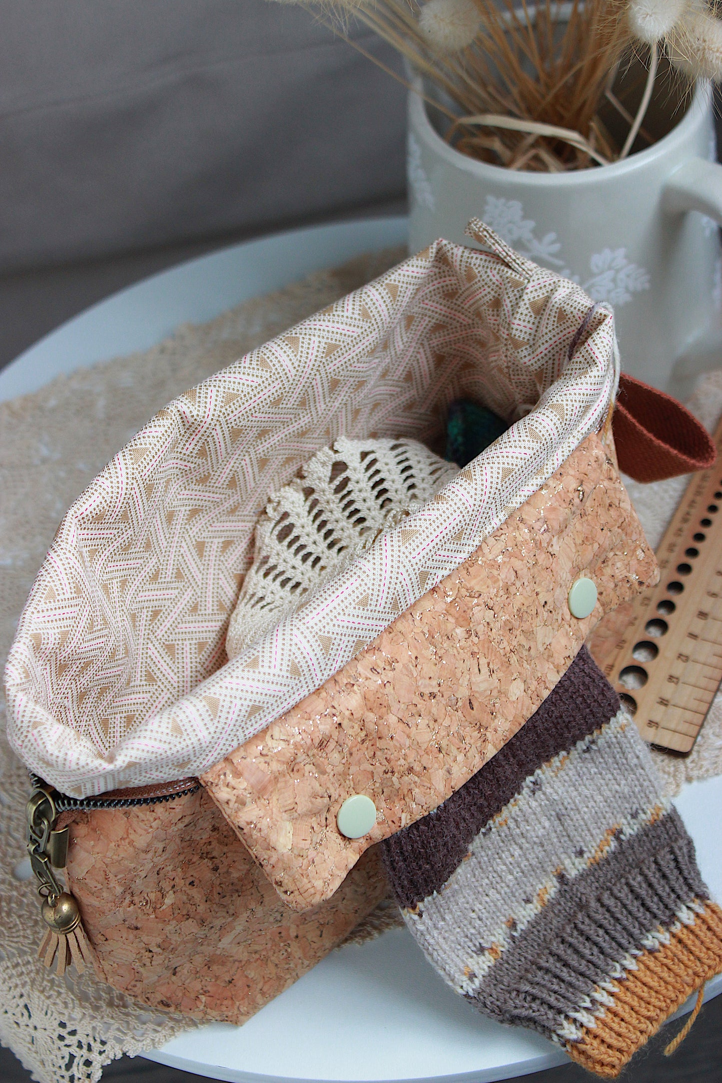 Cork Fabric Knitting Project Bag with Built-in Needle Holder