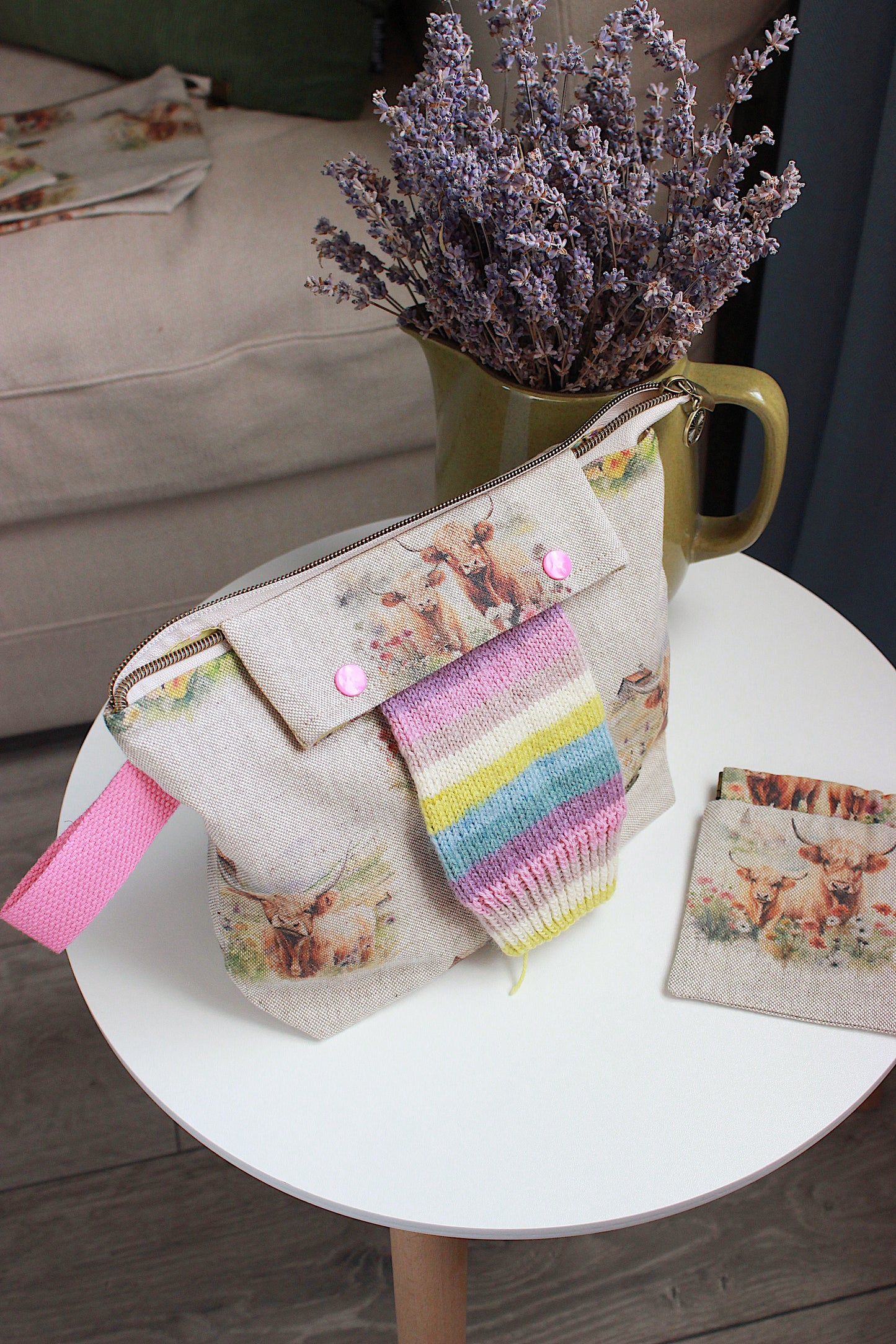 Highland Cows Knitting Project Bag with Built-in DPN Holder & Matching Squeeze Purse  | Printed Digital Canvas Fabric