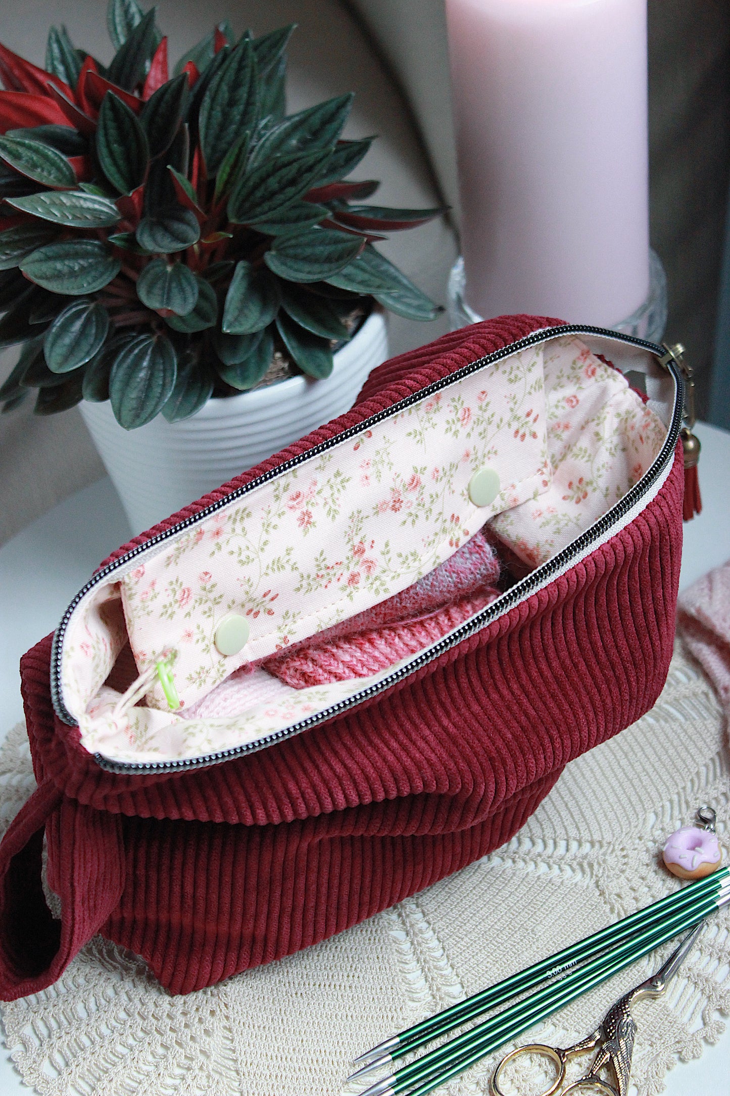 Burgundy Corduroy Knitting Project Bag with Built-in Needle Holder