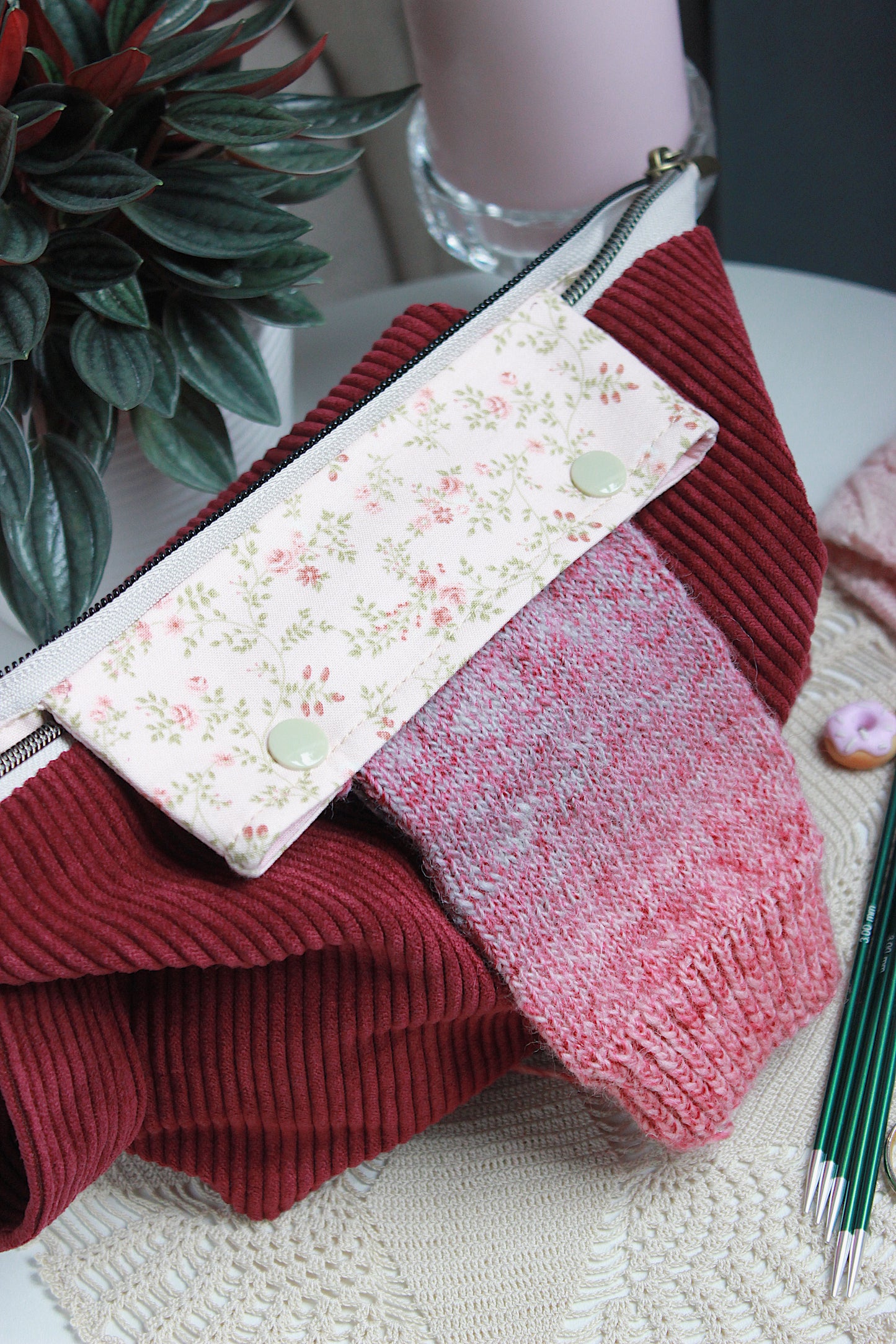 Burgundy Corduroy Knitting Project Bag with Built-in Needle Holder