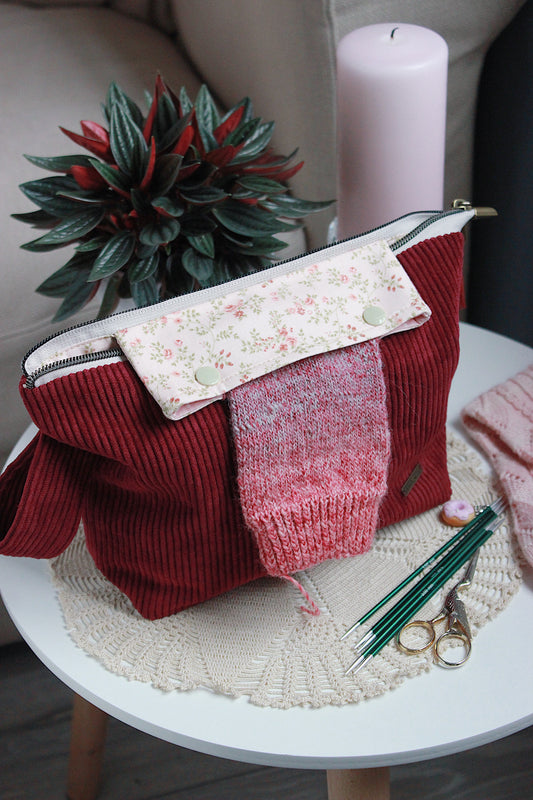 Burgundy Corduroy Knitting Project Bag with Built-in Needle Holder