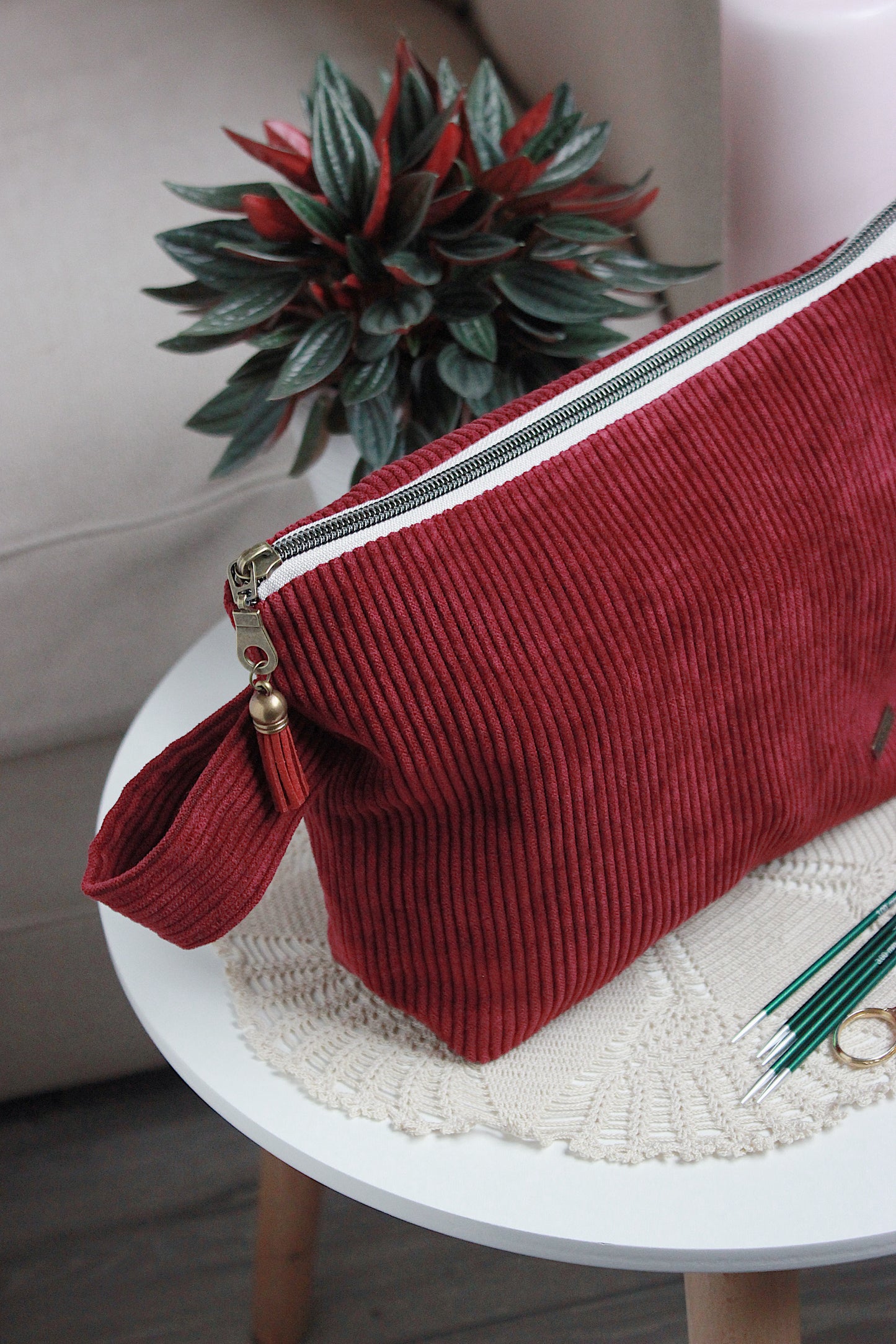 Burgundy Corduroy Knitting Project Bag with Built-in Needle Holder