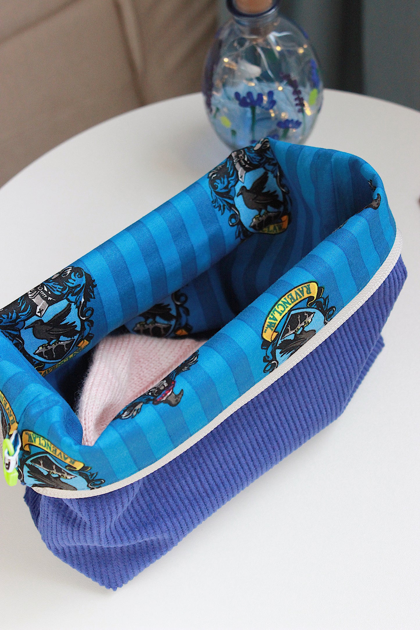 Ravenclaw-Inspired Corduroy Knitting Project Bag with Built-in Needle Holder
