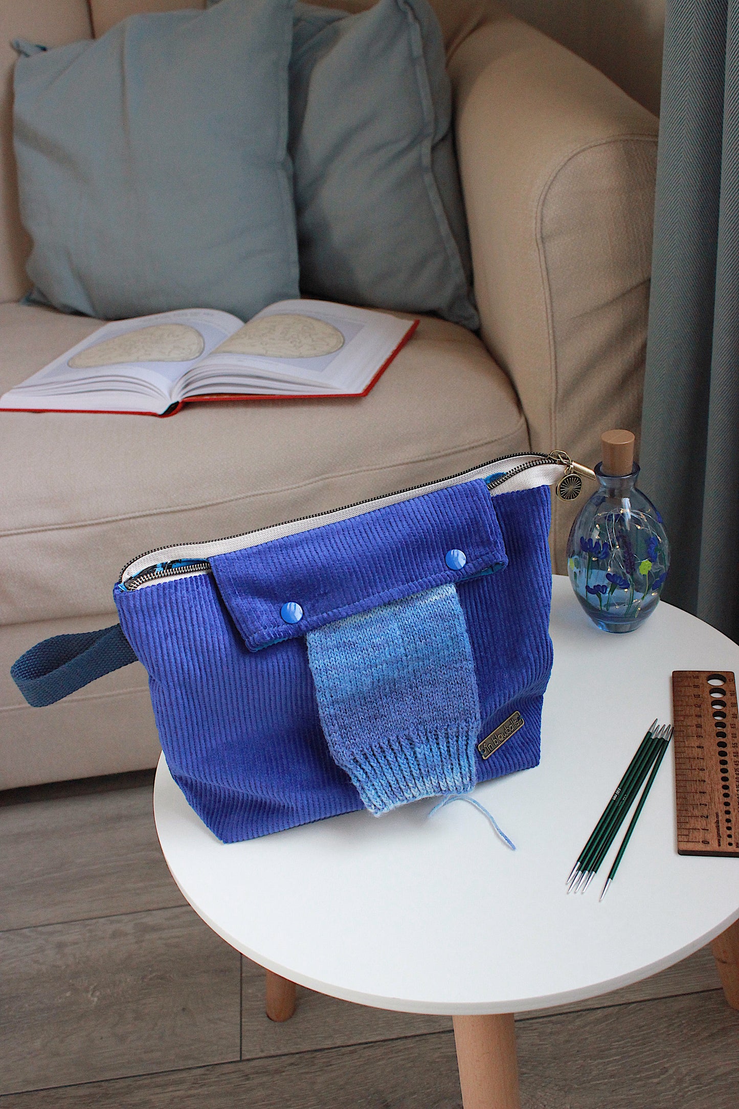 Ravenclaw-Inspired Corduroy Knitting Project Bag with Built-in Needle Holder