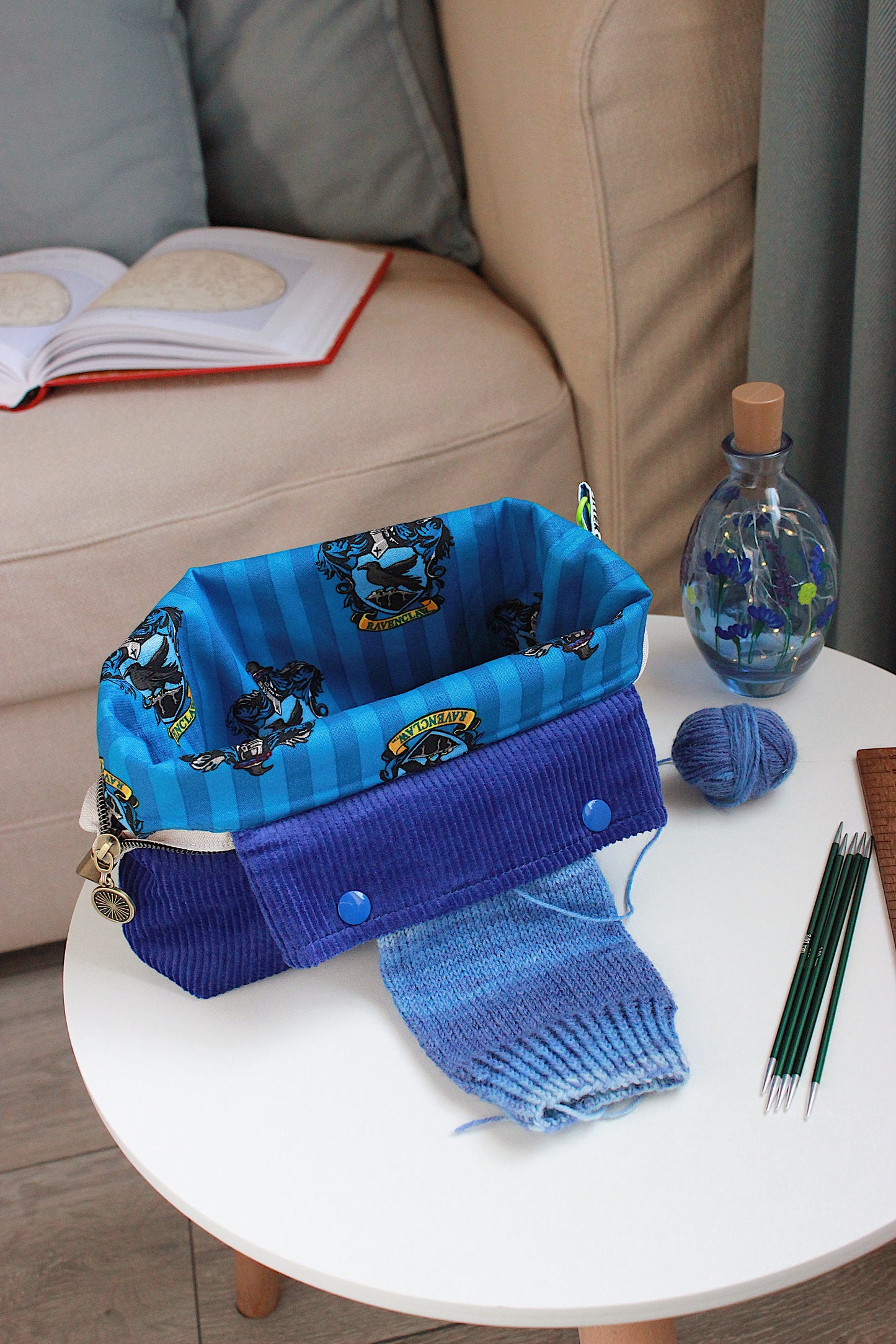 Ravenclaw-Inspired Corduroy Knitting Project Bag with Built-in Needle Holder