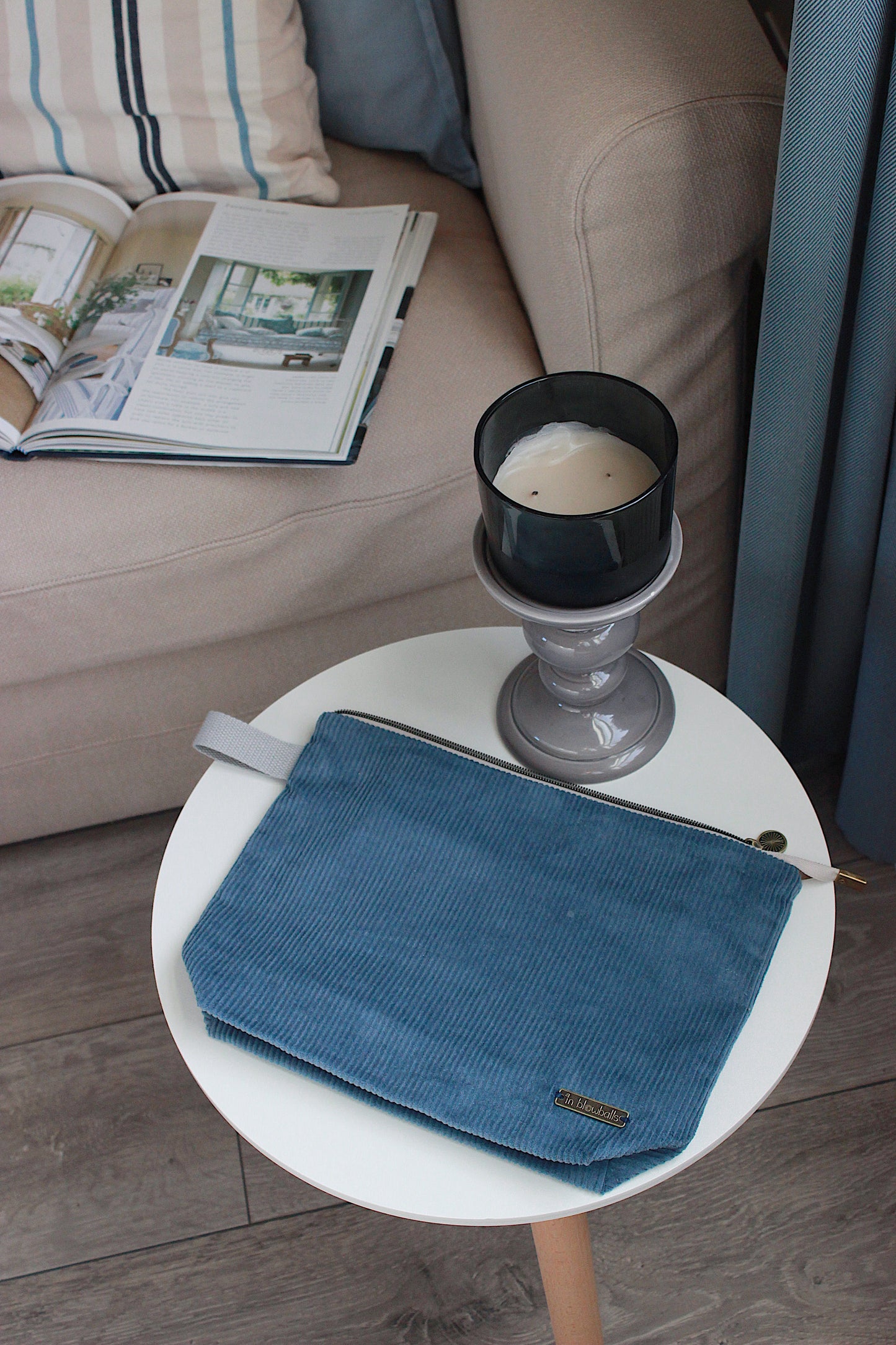 Blue Corduroy Knitting Project Bag with Built-in Needle Holder with Llama Lining