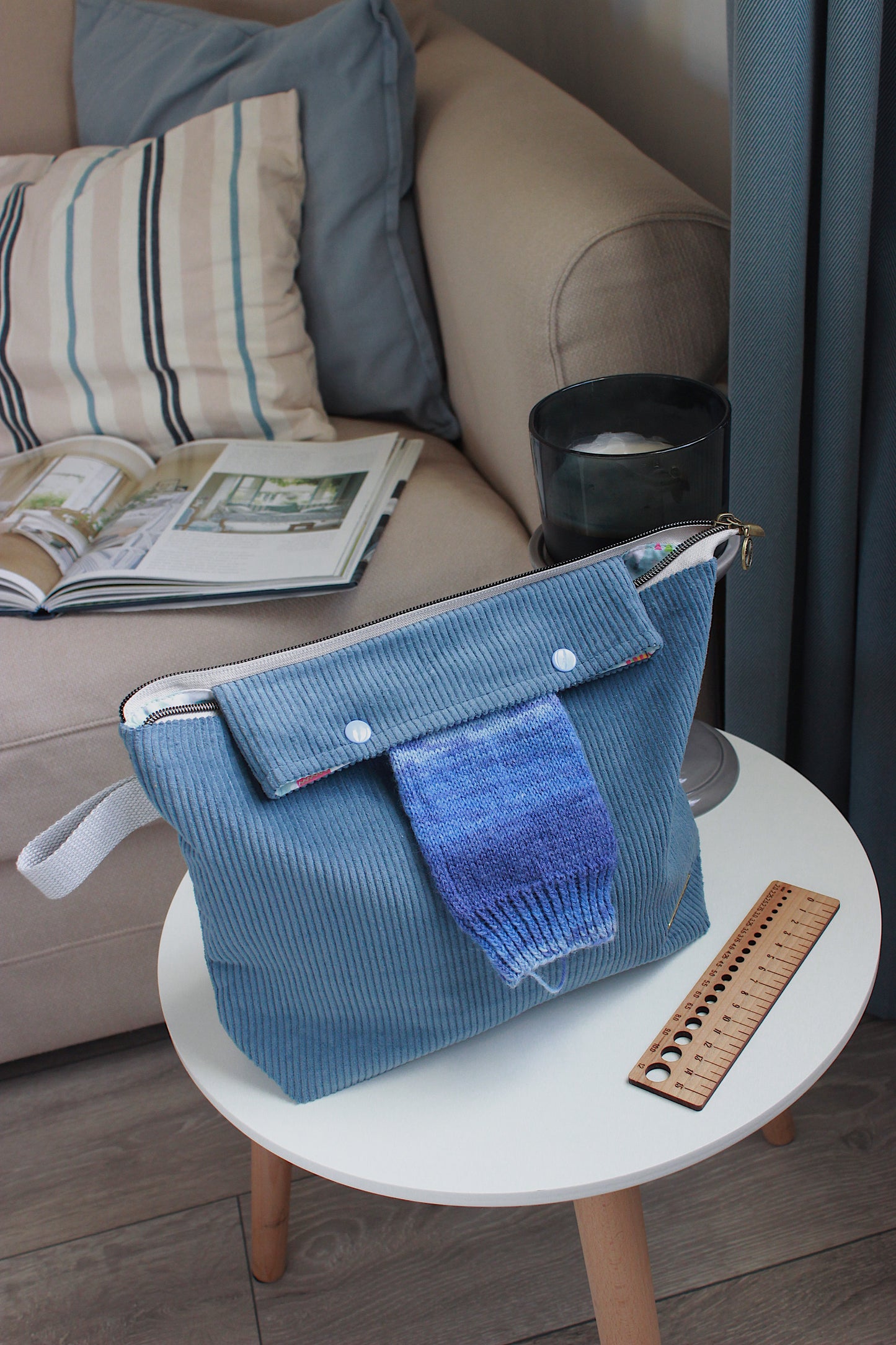 Blue Corduroy Knitting Project Bag with Built-in Needle Holder with Llama Lining