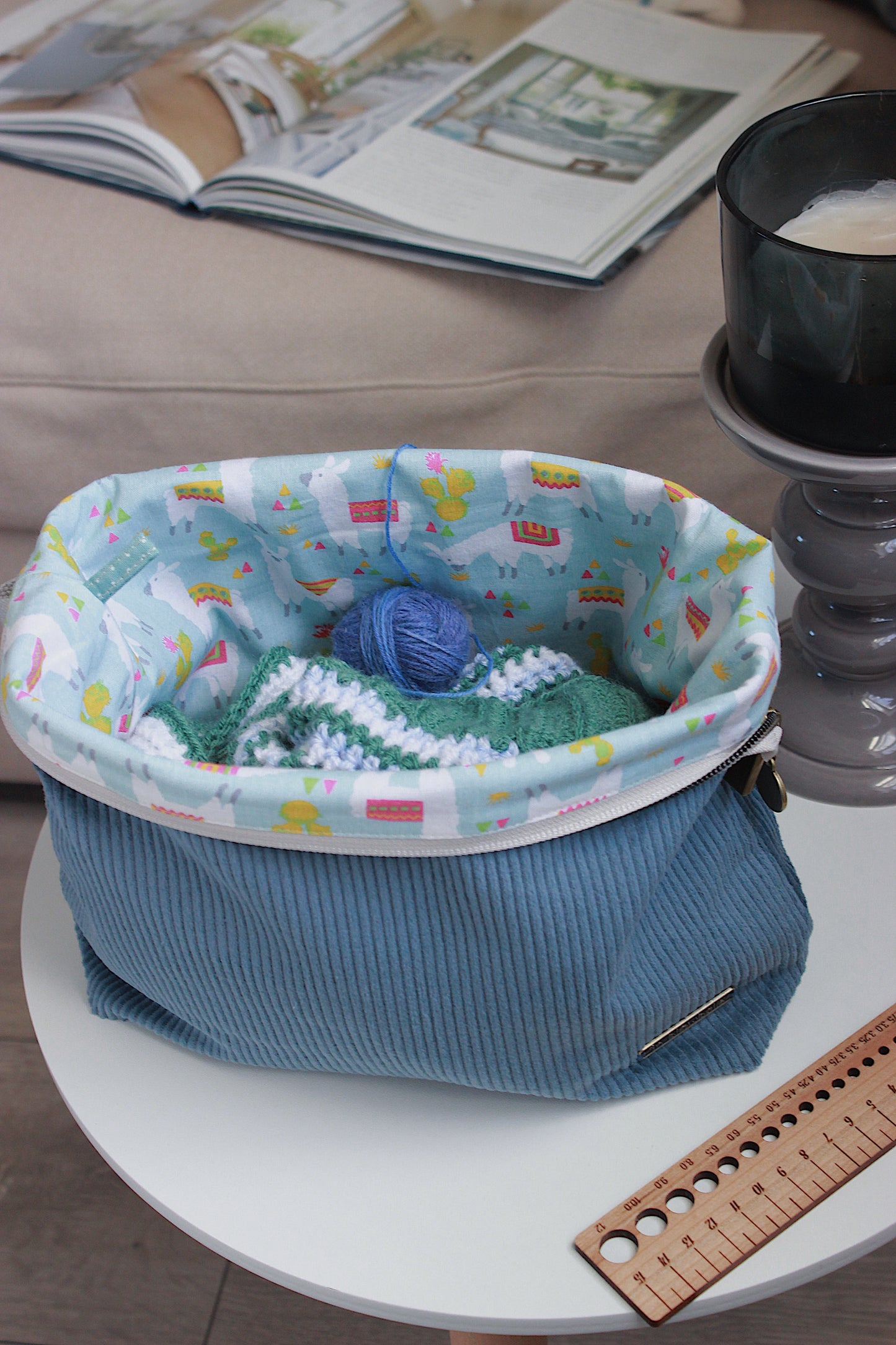 Blue Corduroy Knitting Project Bag with Built-in Needle Holder with Llama Lining