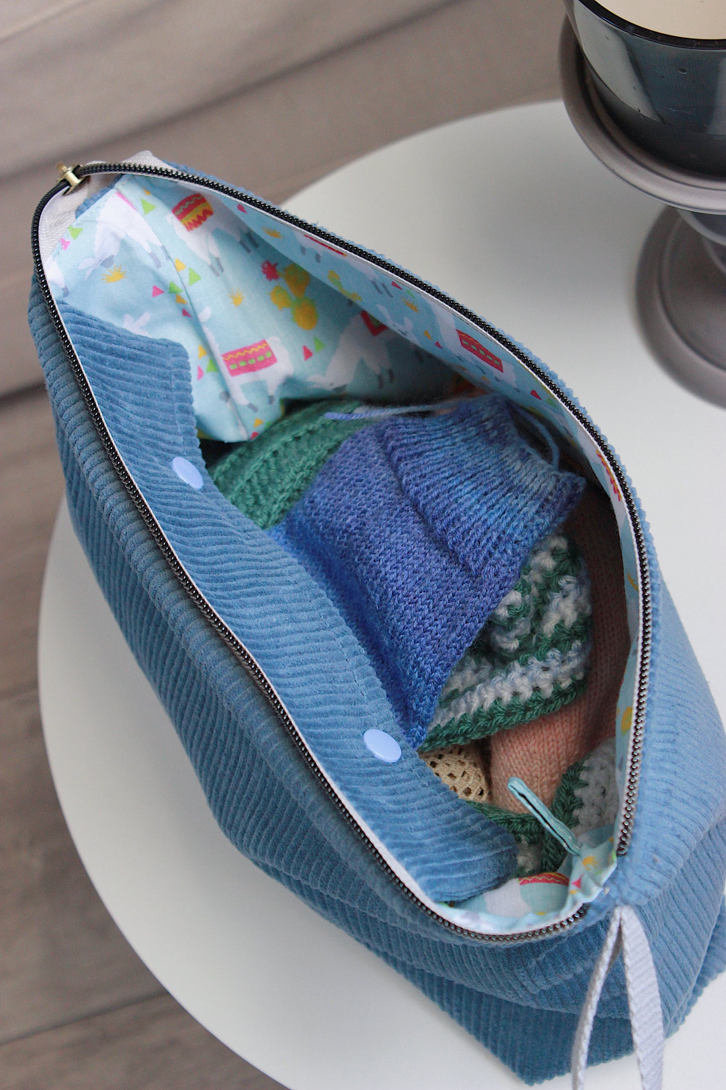Blue Corduroy Knitting Project Bag with Built-in Needle Holder with Llama Lining