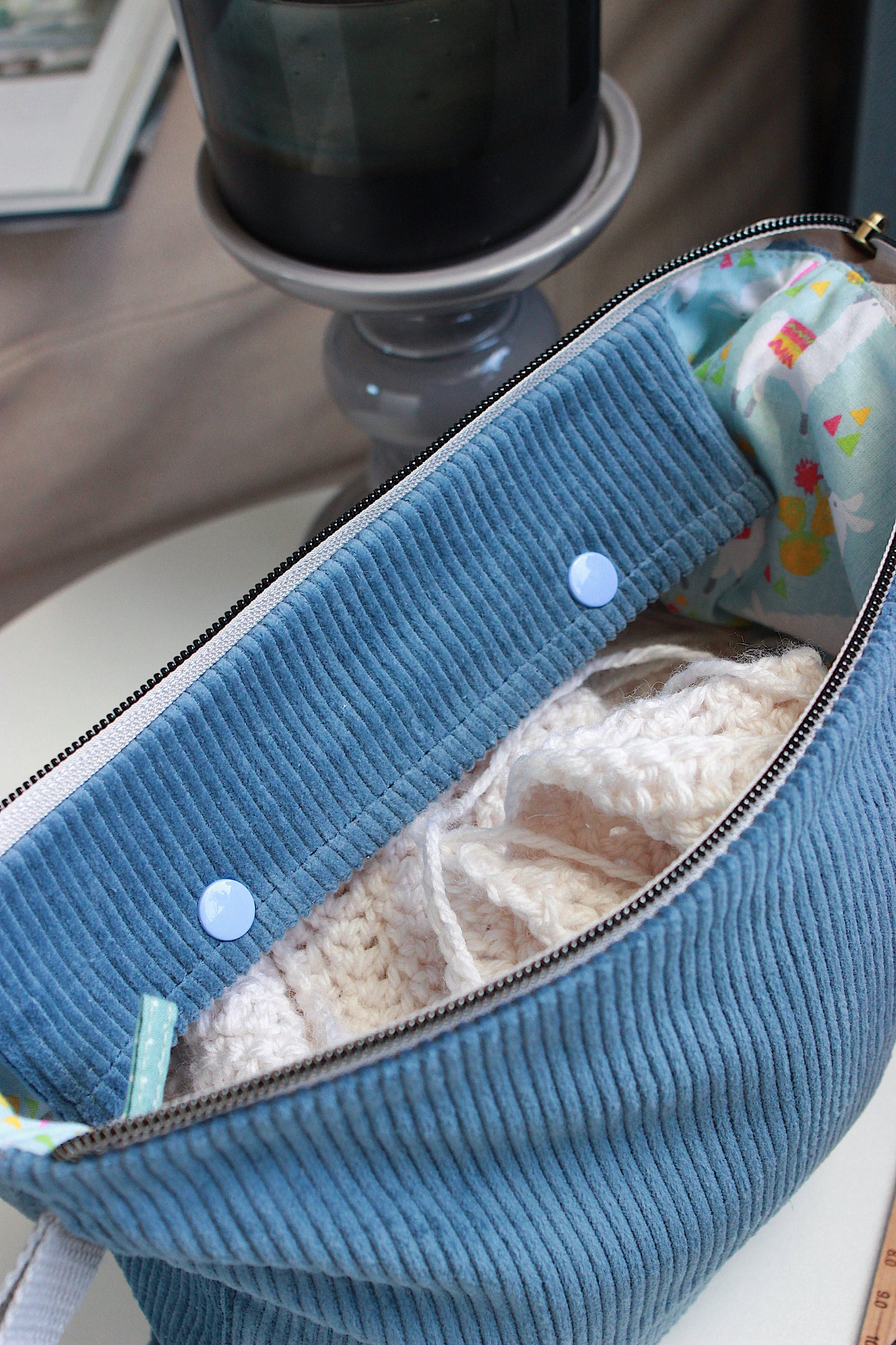 Blue Corduroy Knitting Project Bag with Built-in Needle Holder with Llama Lining
