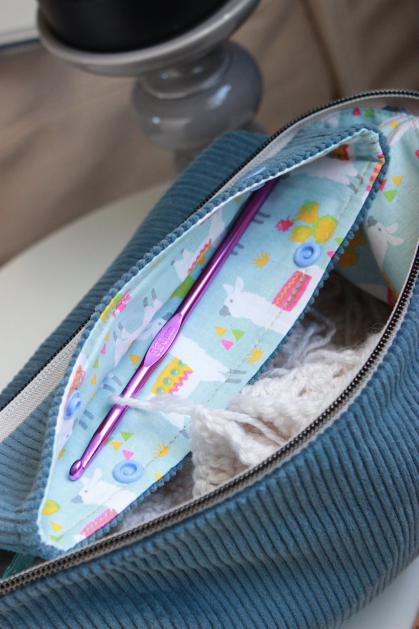 Blue Corduroy Knitting Project Bag with Built-in Needle Holder with Llama Lining