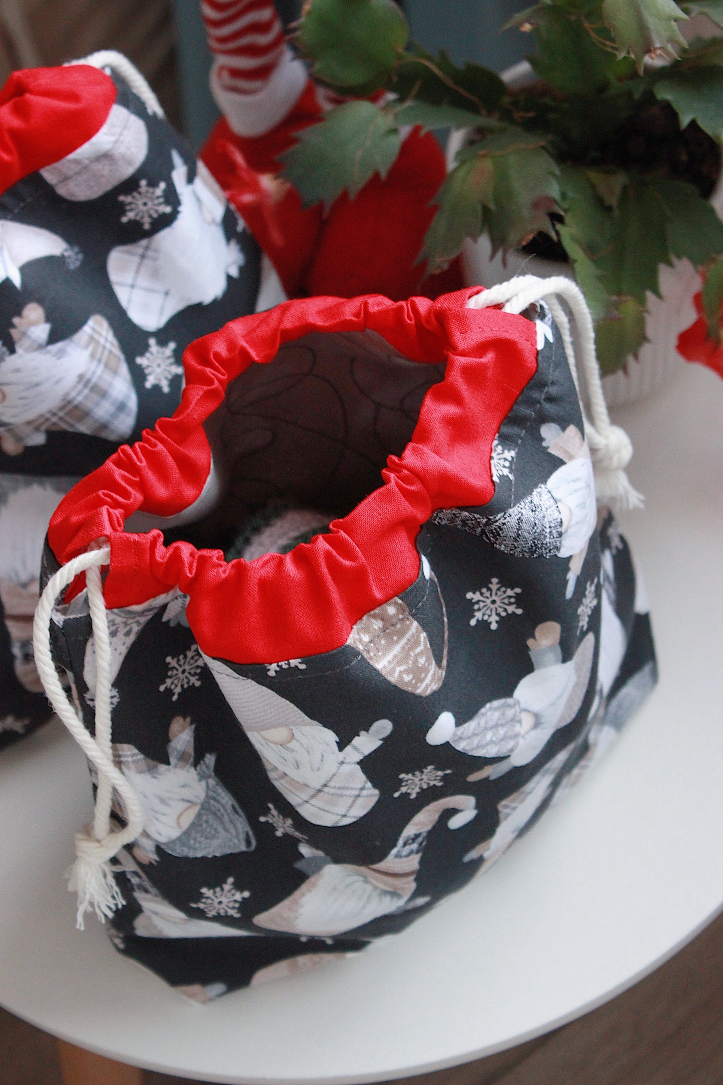 Reusable Christmas Project Bag for Crafters - Drawstring Gift Bag for Yarn, Knitting & Crochet