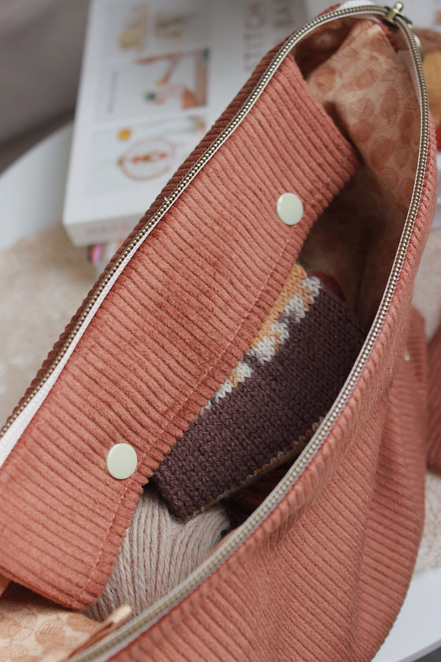 Handmade to Order|Autumn Acorns Corduroy Knitting Project Bag with Built-in Needle Holder & Matching Squeeze Purse