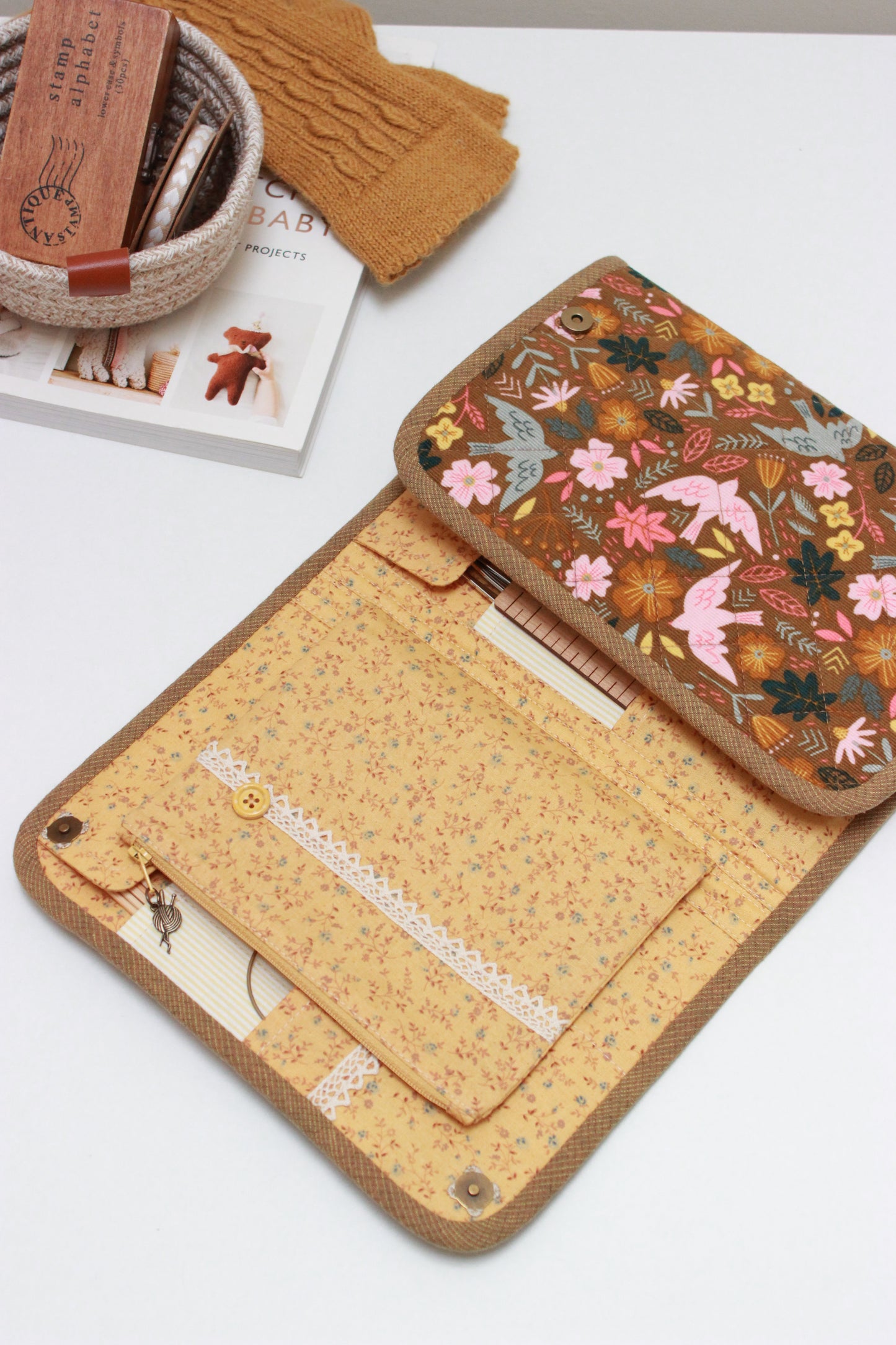 Birds & Plants Corduroy Knitting Needle Case