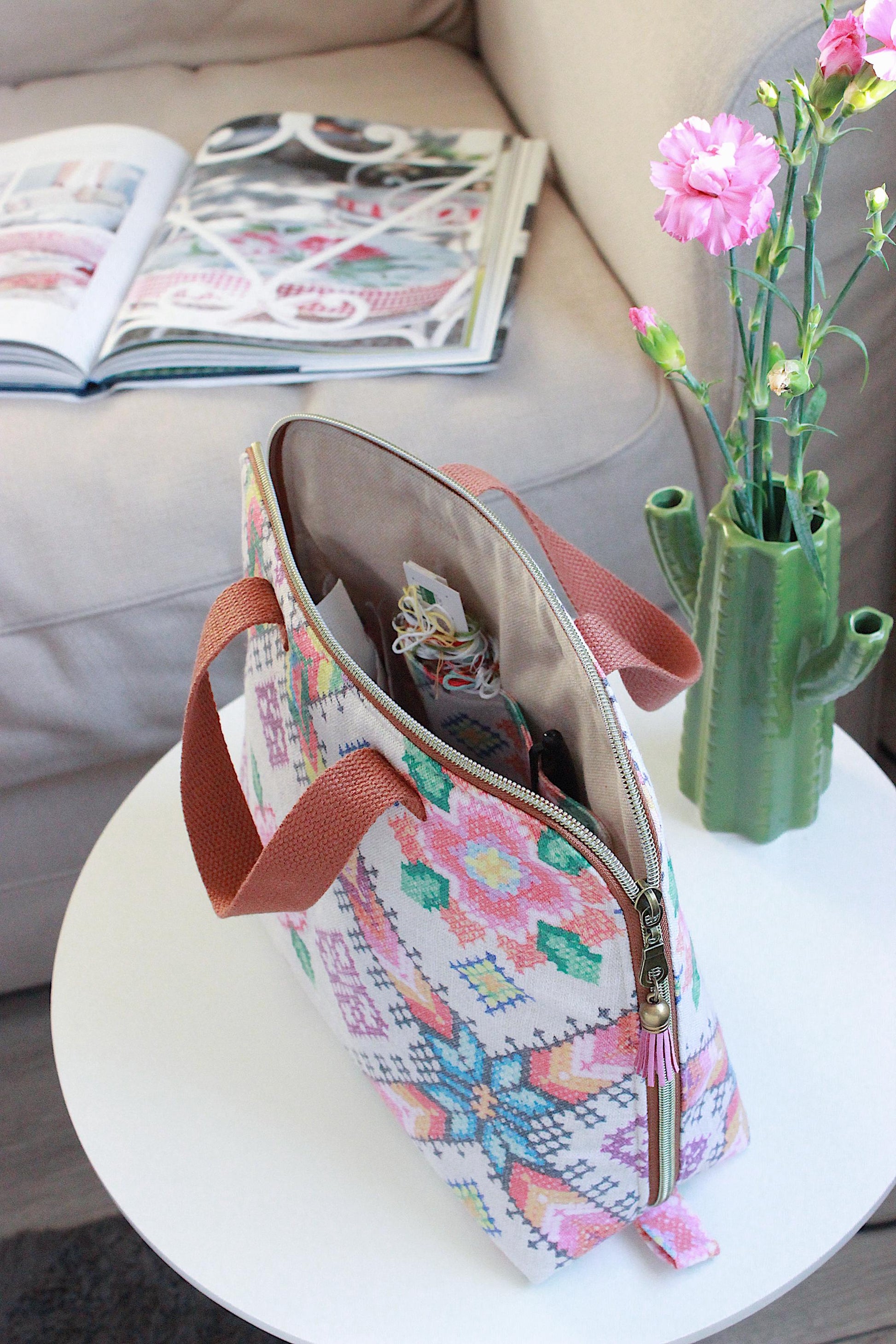 cross stitch bag
craft project bag
floral project bag
knitting bag
crochet bag
yarn storage
handmade bag
craft organiser
project pouch
embroidery bag
UK handmade
stitching bag
maker gift